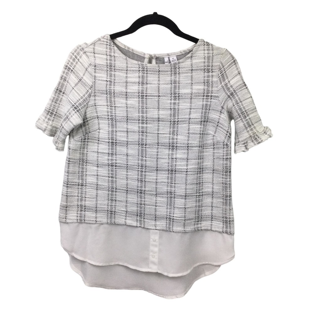 Elle Women's White Plaid Mock-Layer Short Sleeve Boat Neck Keyhole Top XS